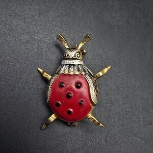 Red Damascene Beetle Brooch Vintage Insect Jewelry